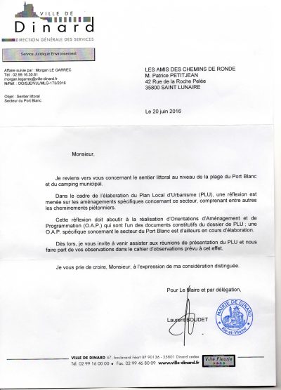 Réponse de la mairie de Dinard au sujet du passage à Port Blanc